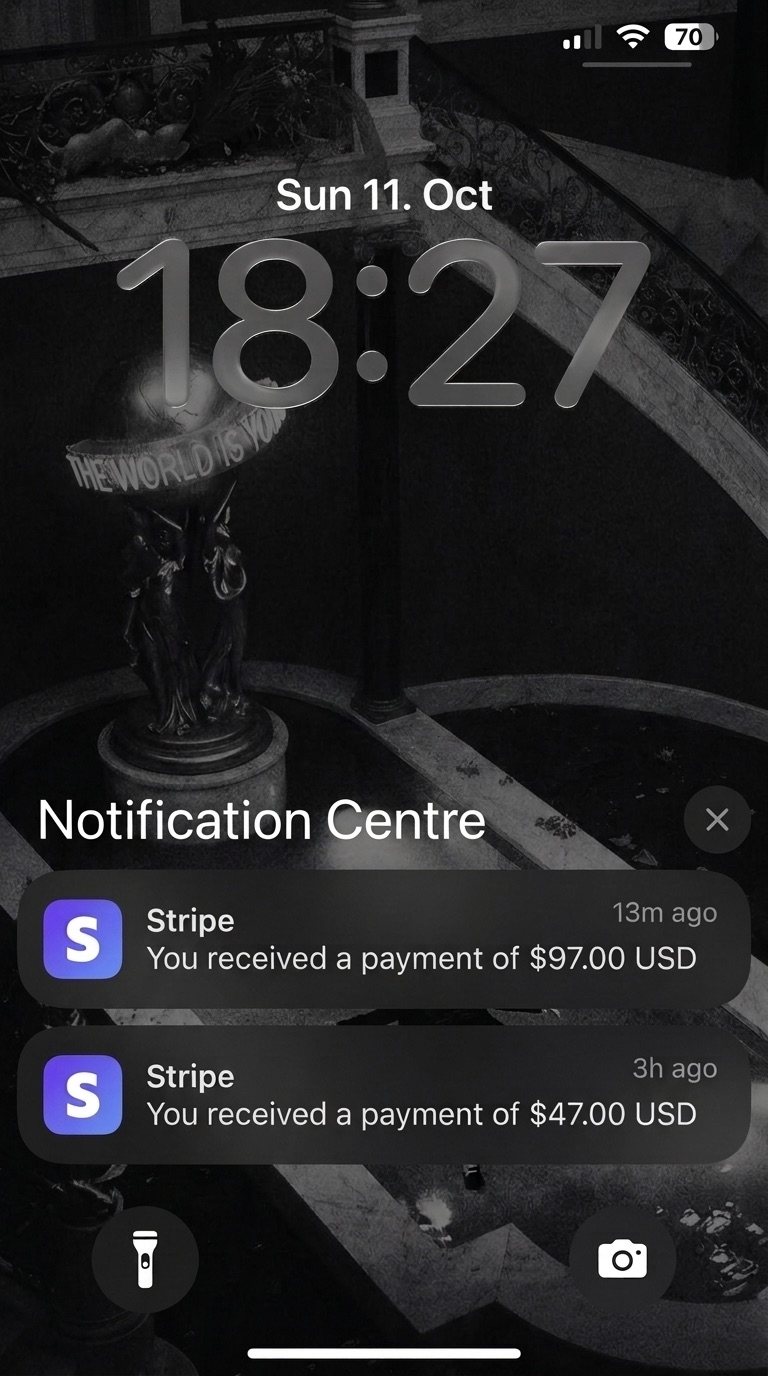 iPhone lock screen with two Stripe notifications: a payment of $97.00 and a payment of $47.00, hours apart