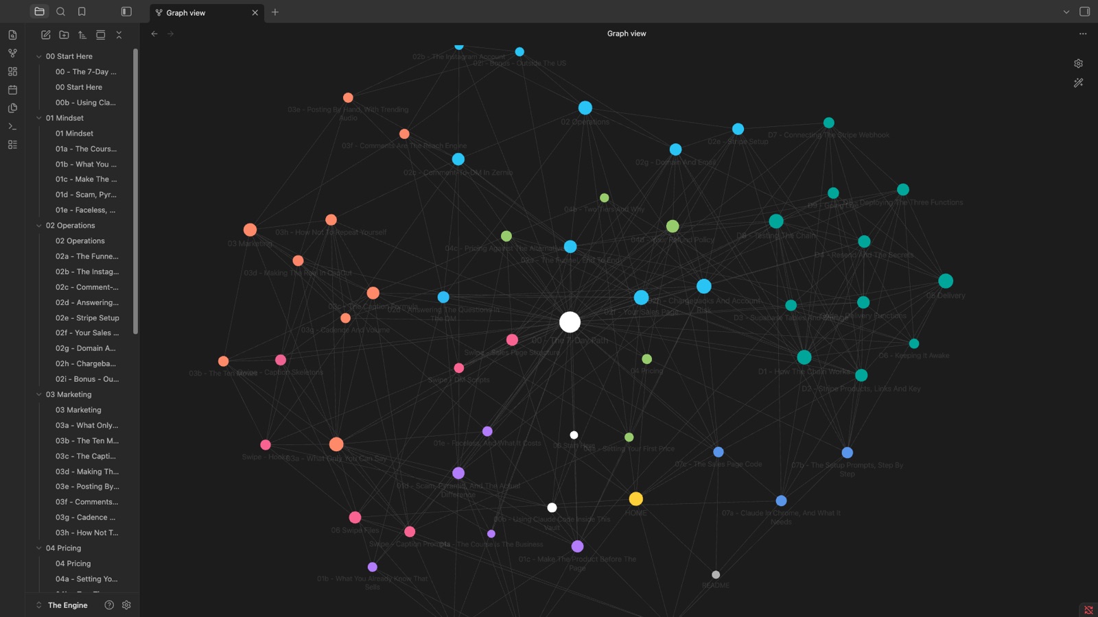 The Engine vault open in Obsidian: the graph view, every note a dot, linked module by module.